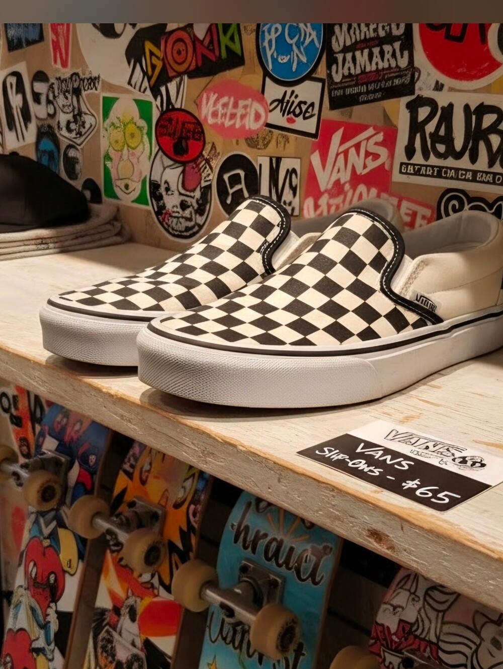 Vans Slip-On Checkerboard Canvas Loafers - Black & Cream 6 Womens
